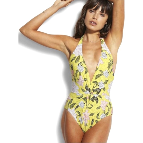 Seafolly Other - Seafolly Yellow Floral Plunge Halter NWT Size 12
